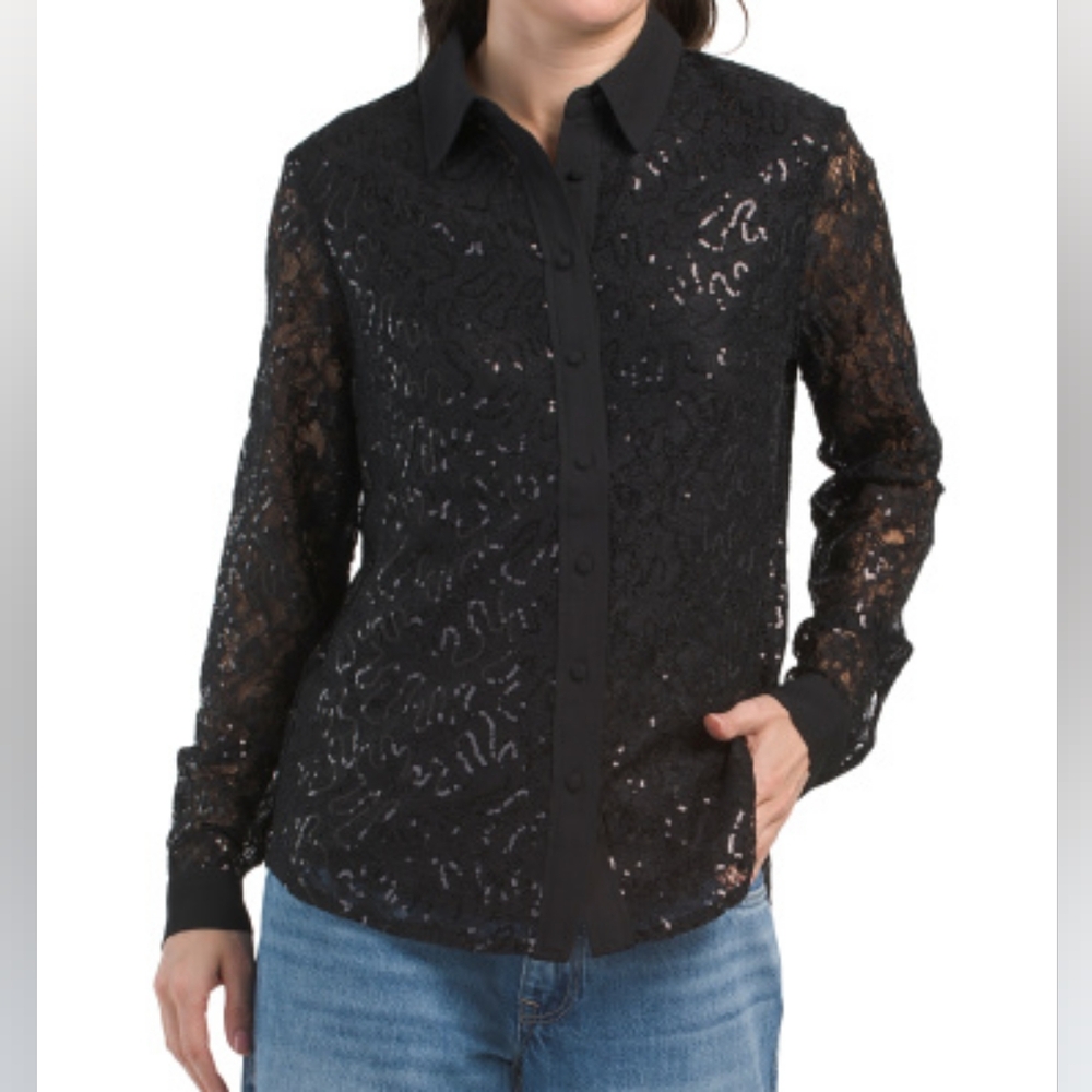 NWT - Anne Klein Sequined Black Combo Button Down Blouse - Size XL